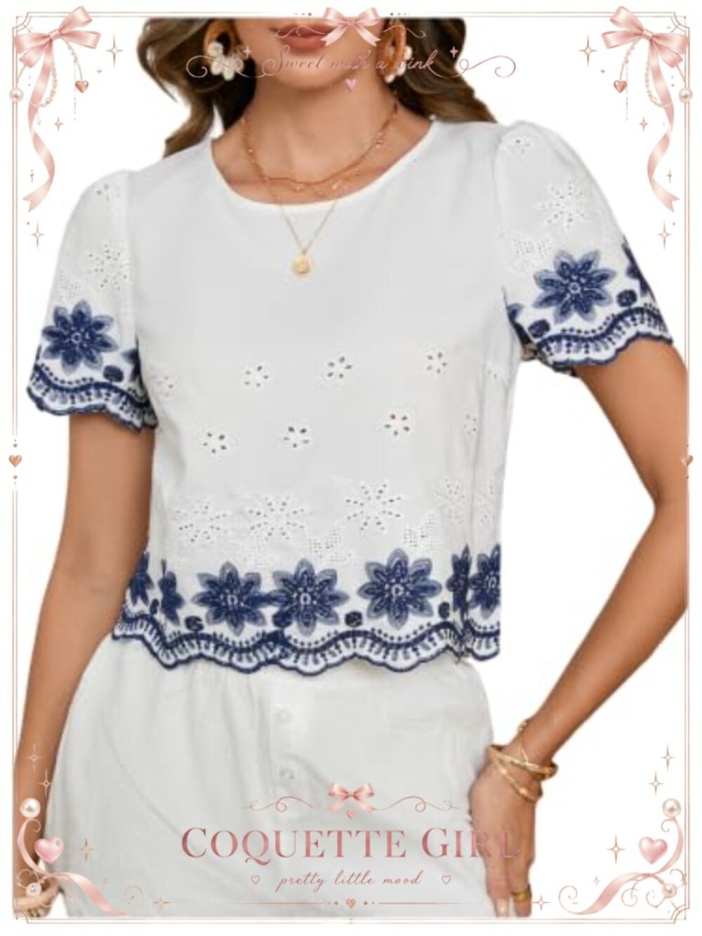 Boho Floral Eyelet Embroidery Short Sleeve Scalloped Blouse